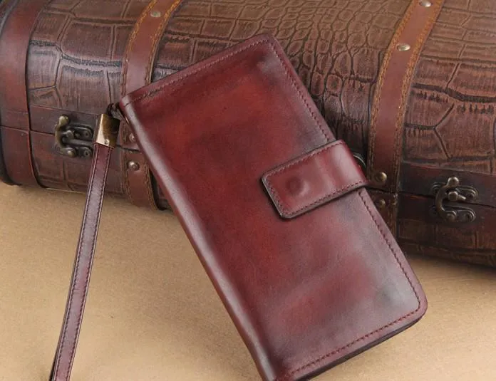Genuine Leather Mens Cool Biker Chain Wallet Long Leather Wallet Slim Clutch Wristlet Wallet for Men