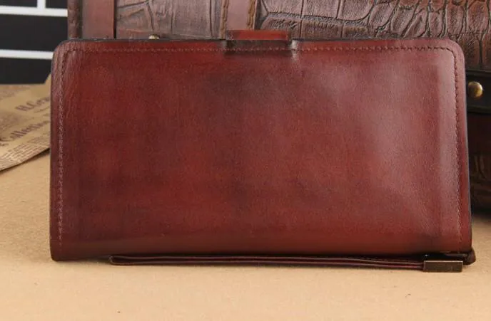 Genuine Leather Mens Cool Biker Chain Wallet Long Leather Wallet Slim Clutch Wristlet Wallet for Men