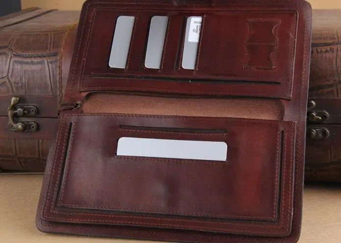 Genuine Leather Mens Cool Biker Chain Wallet Long Leather Wallet Slim Clutch Wristlet Wallet for Men