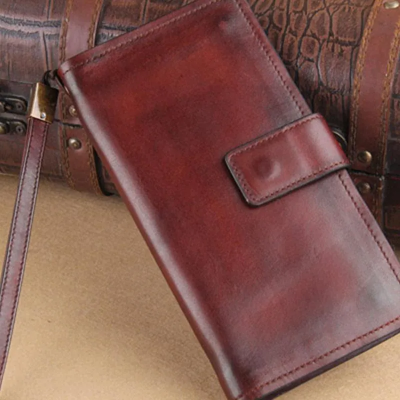 Genuine Leather Mens Cool Biker Chain Wallet Long Leather Wallet Slim Clutch Wristlet Wallet for Men