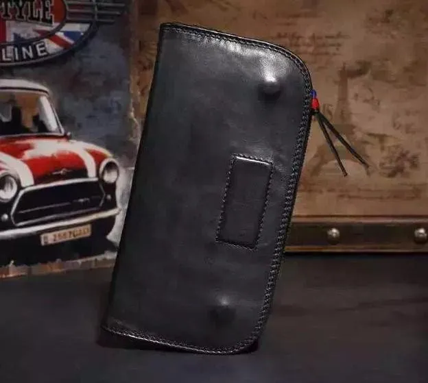 Genuine Leather Mens Cool billfold Long Leather Wallet Men Small Wallets Bifold for Men