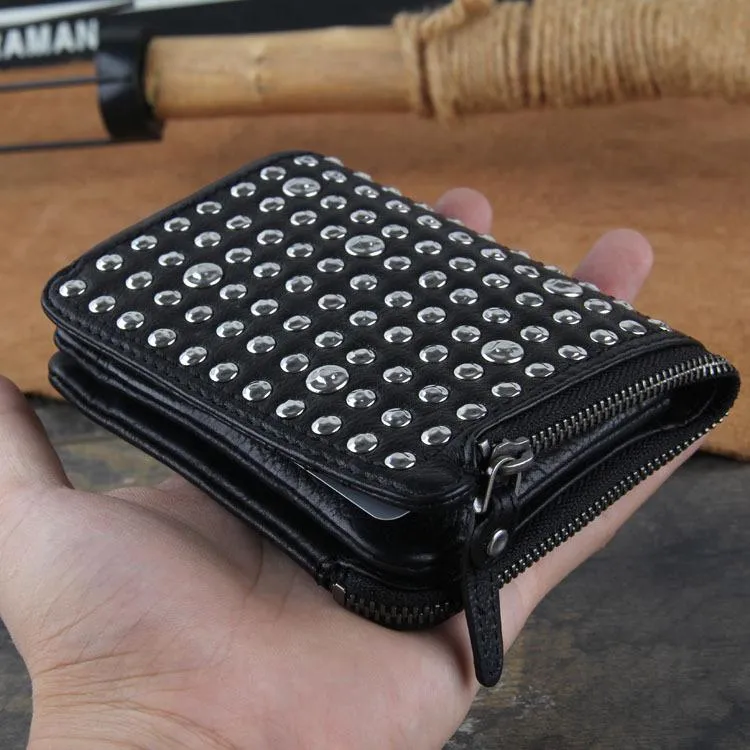 Genuine Leather Mens Cool billfold Punk Rock Leather Wallet Men Small Wallets Bifold for Men