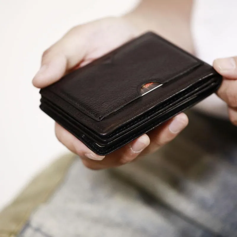 Genuine Leather Mens Cool Black billfold Leather Card Wallet Men Small Wallets License Wallet License Holder for Men