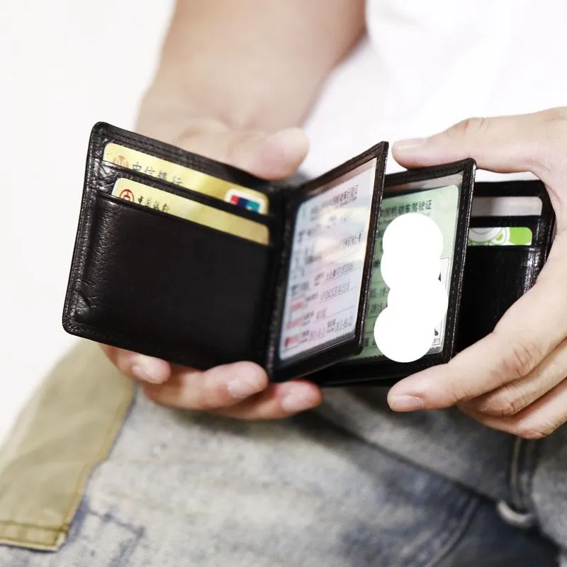 Genuine Leather Mens Cool Black billfold Leather Card Wallet Men Small Wallets License Wallet License Holder for Men