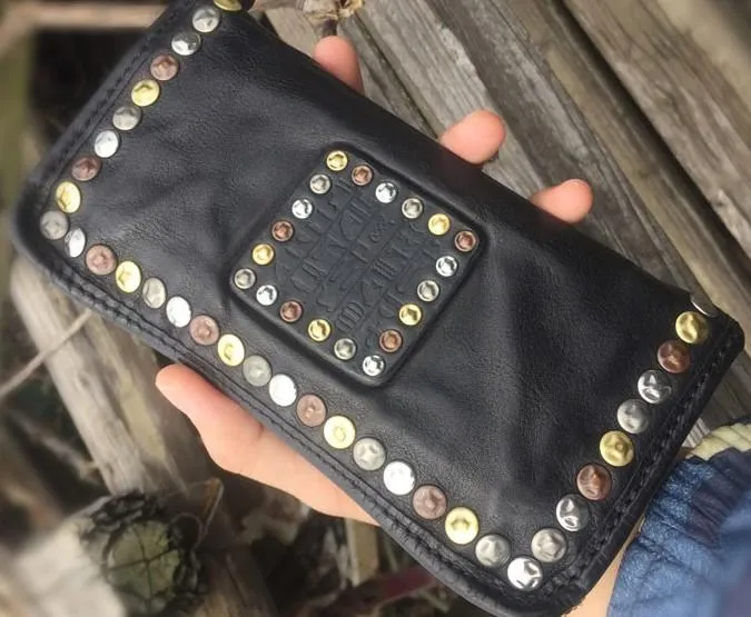 Genuine Leather Mens Cool Long Leather Wallet Biker Wallet Zipper Clutch Wallet for Men