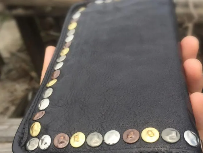 Genuine Leather Mens Cool Long Leather Wallet Biker Wallet Zipper Clutch Wallet for Men