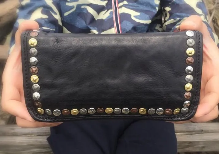 Genuine Leather Mens Cool Long Leather Wallet Biker Wallet Zipper Clutch Wallet for Men