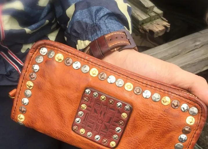 Genuine Leather Mens Cool Long Leather Wallet Biker Wallet Zipper Clutch Wallet for Men