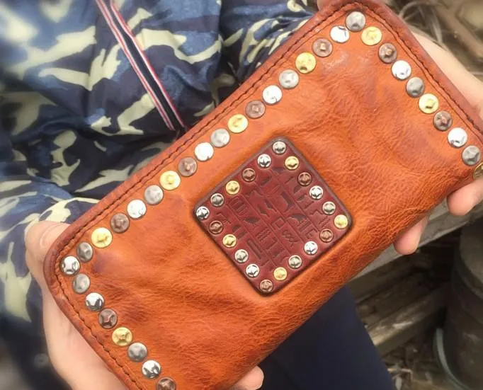 Genuine Leather Mens Cool Long Leather Wallet Biker Wallet Zipper Clutch Wallet for Men