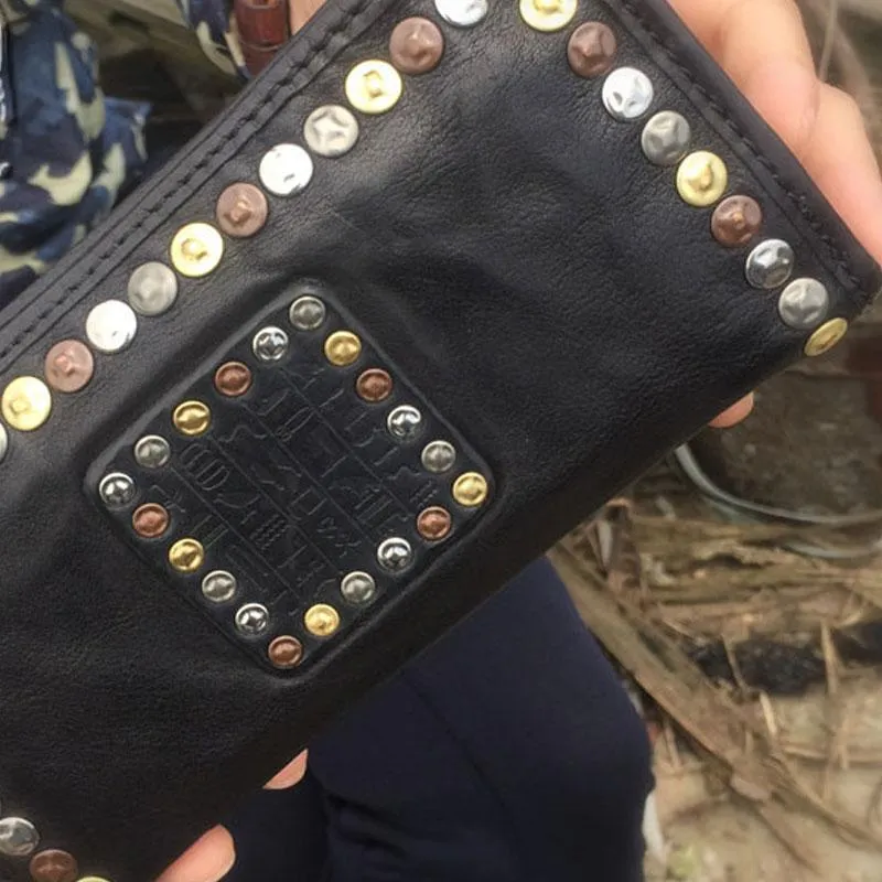 Genuine Leather Mens Cool Long Leather Wallet Biker Wallet Zipper Clutch Wallet for Men