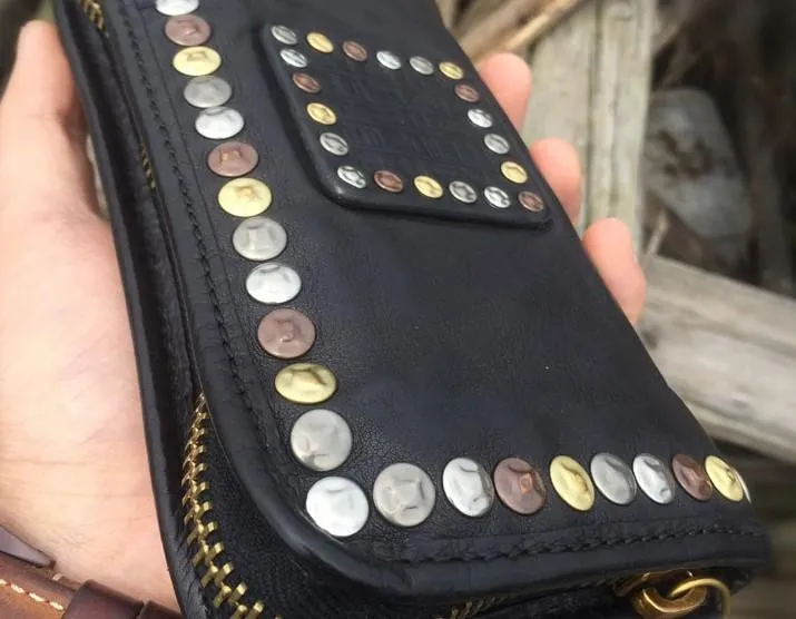 Genuine Leather Mens Cool Long Leather Wallet Biker Wallet Zipper Clutch Wallet for Men