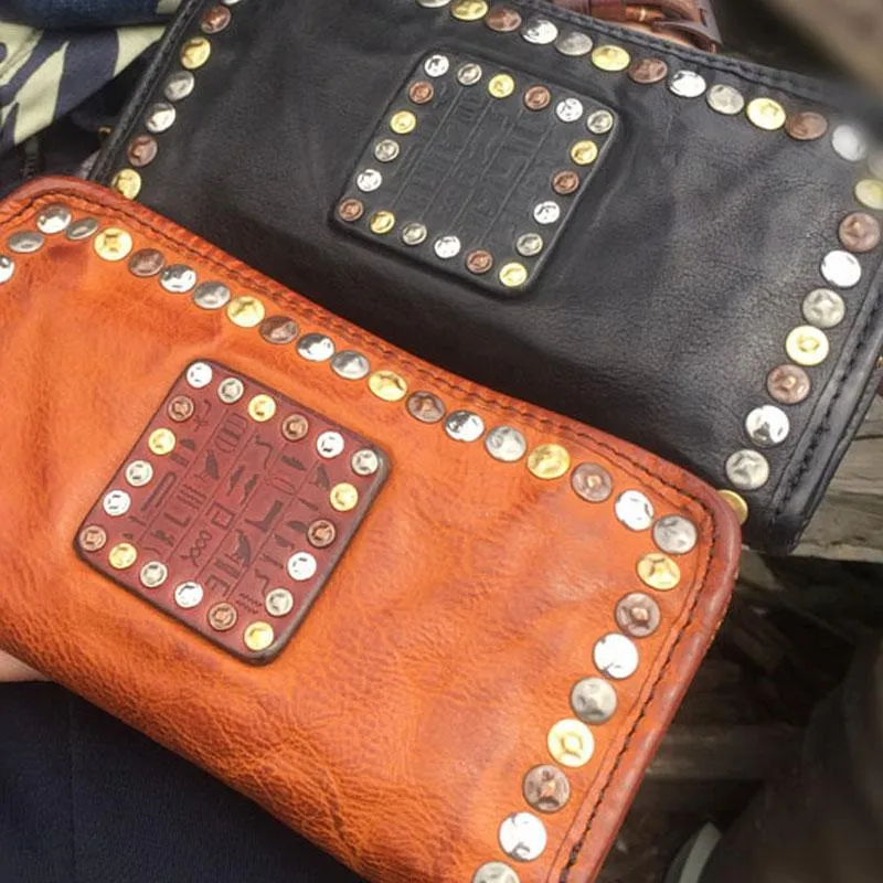Genuine Leather Mens Cool Long Leather Wallet Biker Wallet Zipper Clutch Wallet for Men