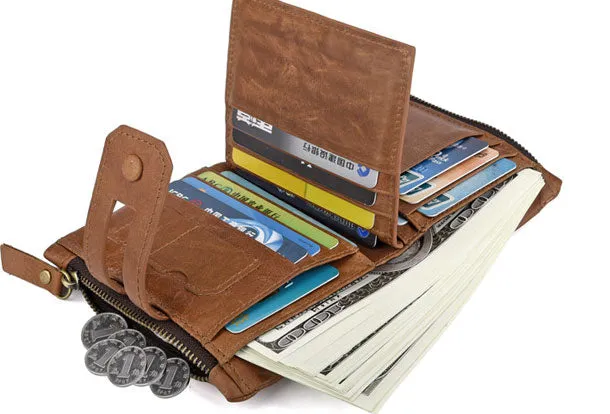 Genuine Leather Mens Zip Wallet Cool billfold Slim Bifold Wallet Card Wallet Purse for Mens