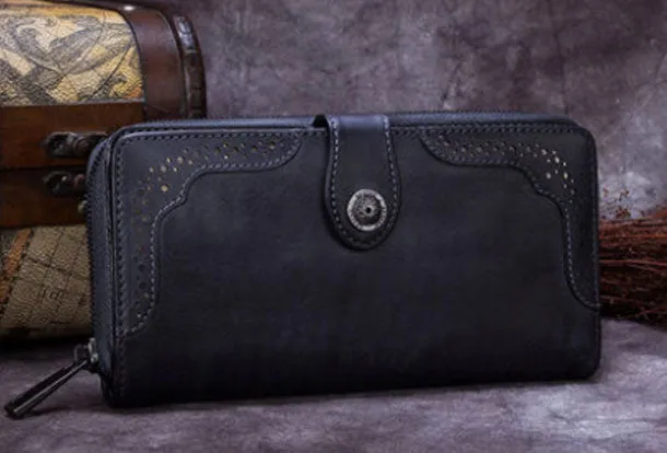 Genuine Leather Wallet Long Wallet Tooled Vintage Wallet Purse For Men Women