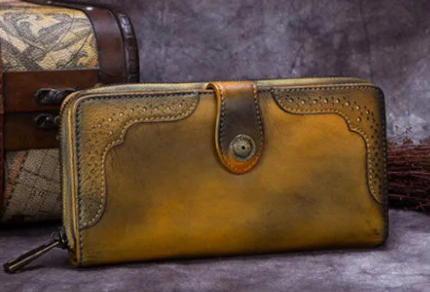 Genuine Leather Wallet Long Wallet Tooled Vintage Wallet Purse For Men Women