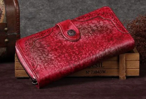 Genuine Leather Wallet Long Wallet Tooled Vintage Wallet Purse For Men Women