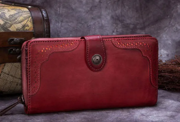 Genuine Leather Wallet Long Wallet Tooled Vintage Wallet Purse For Men Women
