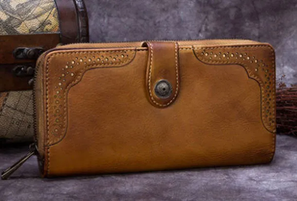 Genuine Leather Wallet Long Wallet Tooled Vintage Wallet Purse For Men Women