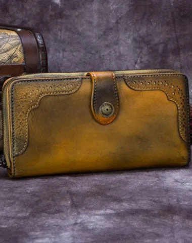 Genuine Leather Wallet Long Wallet Tooled Vintage Wallet Purse For Men Women