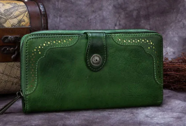 Genuine Leather Wallet Long Wallet Tooled Vintage Wallet Purse For Men Women