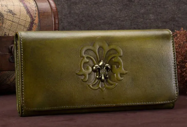 Genuine Leather Wallet Long Wallet Vintage Tooling Wallet Purse For Men Women