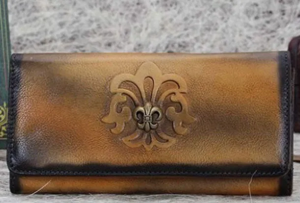 Genuine Leather Wallet Long Wallet Vintage Tooling Wallet Purse For Men Women