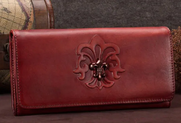 Genuine Leather Wallet Long Wallet Vintage Tooling Wallet Purse For Men Women