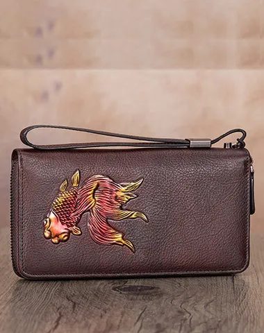 Goldfish Gray Leather Wristlet Wallets Womens Zip Around Wallet Ladies Zipper Clutch Wallets for Women
