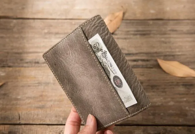 Gray Cool Leather Mens Small Wallet Bifold Vintage Slim billfold Wallet for Men