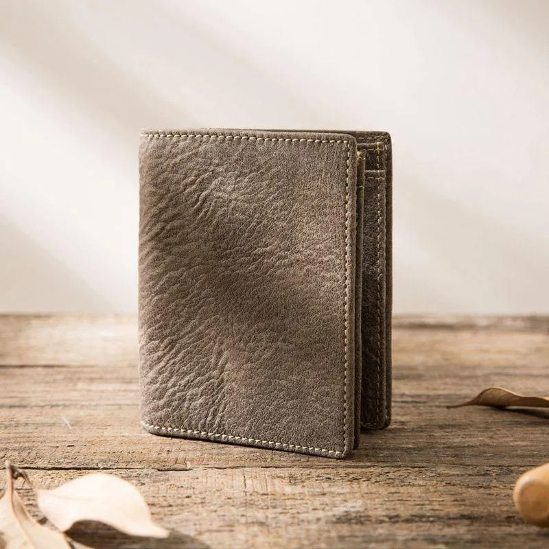Gray Cool Leather Mens Small Wallet Bifold Vintage Slim billfold Wallet for Men