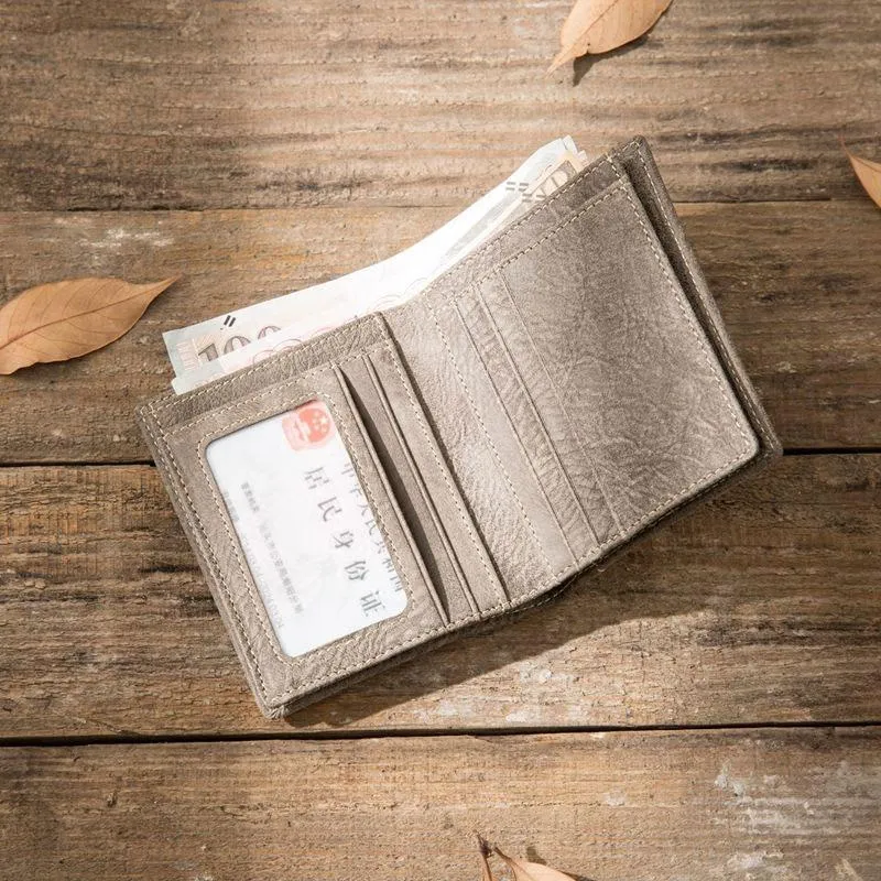 Gray Cool Leather Mens Small Wallet Bifold Vintage Slim billfold Wallet for Men