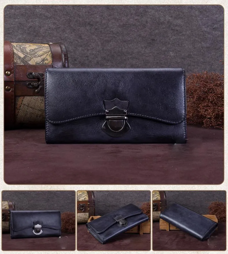 Green Vintage Ladies Leather Buckle Bifold Long Wallet Purple Phone Clutch Purses for Women