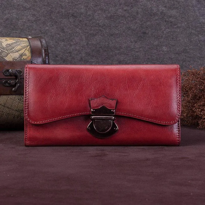 Green Vintage Ladies Leather Buckle Bifold Long Wallet Purple Phone Clutch Purses for Women