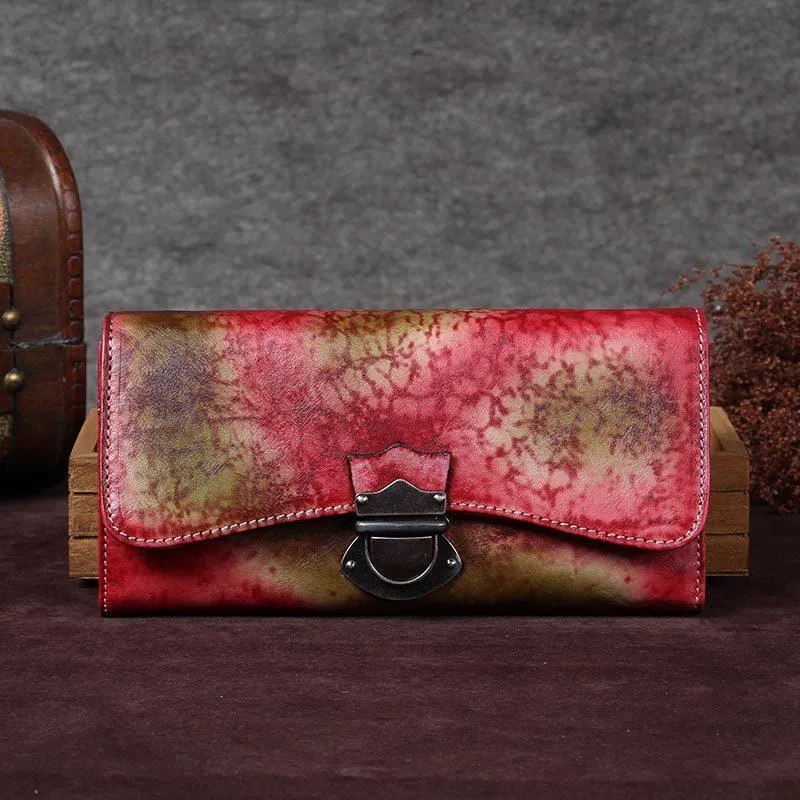 Green Vintage Ladies Leather Buckle Bifold Long Wallet Purple Phone Clutch Purses for Women