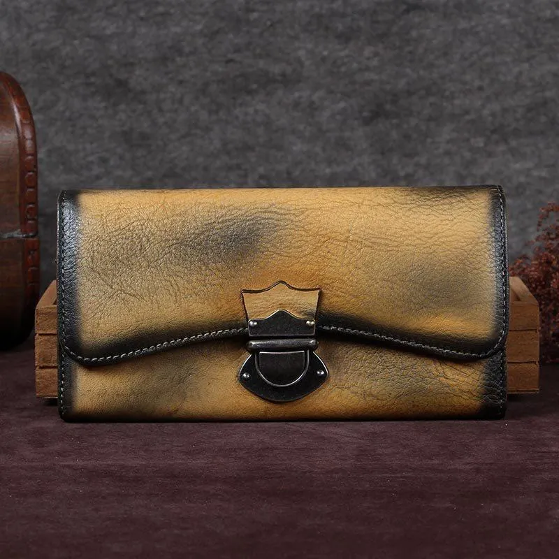 Green Vintage Ladies Leather Buckle Bifold Long Wallet Purple Phone Clutch Purses for Women