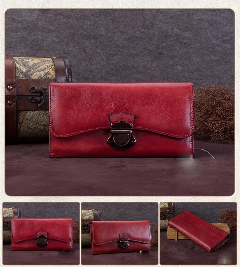 Green Vintage Ladies Leather Buckle Bifold Long Wallet Purple Phone Clutch Purses for Women