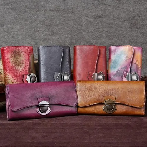 Green Vintage Ladies Leather Buckle Bifold Long Wallet Purple Phone Clutch Purses for Women