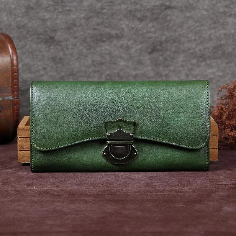 Green Vintage Ladies Leather Buckle Bifold Long Wallet Purple Phone Clutch Purses for Women