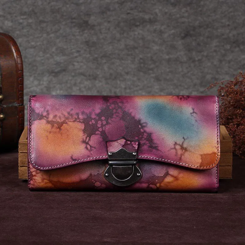 Green Vintage Ladies Leather Buckle Bifold Long Wallet Purple Phone Clutch Purses for Women