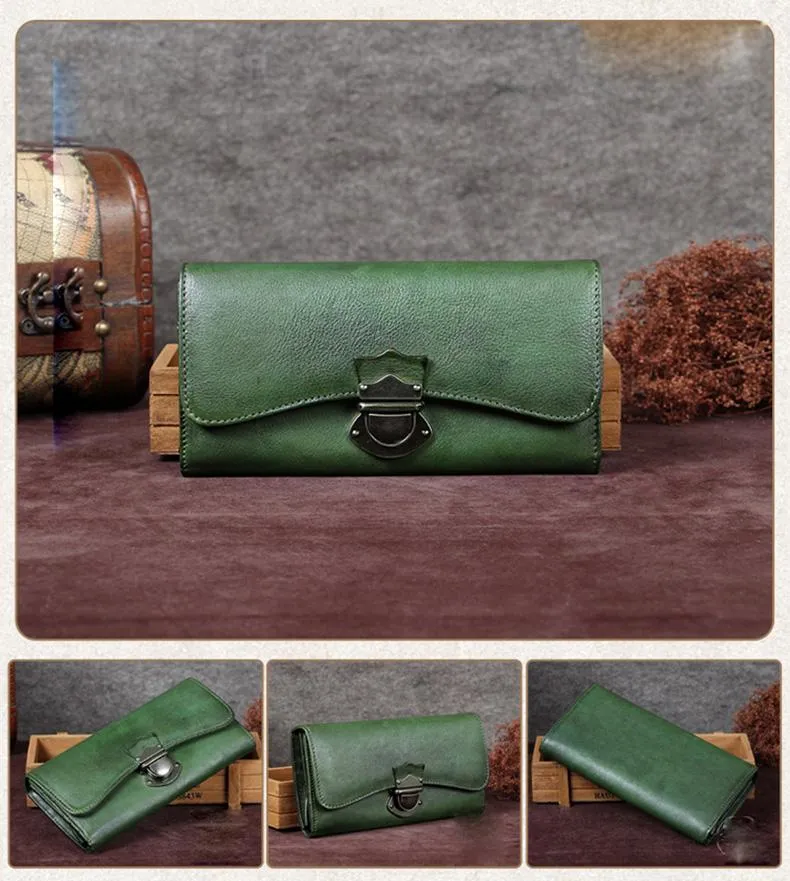 Green Vintage Ladies Leather Buckle Bifold Long Wallet Purple Phone Clutch Purses for Women