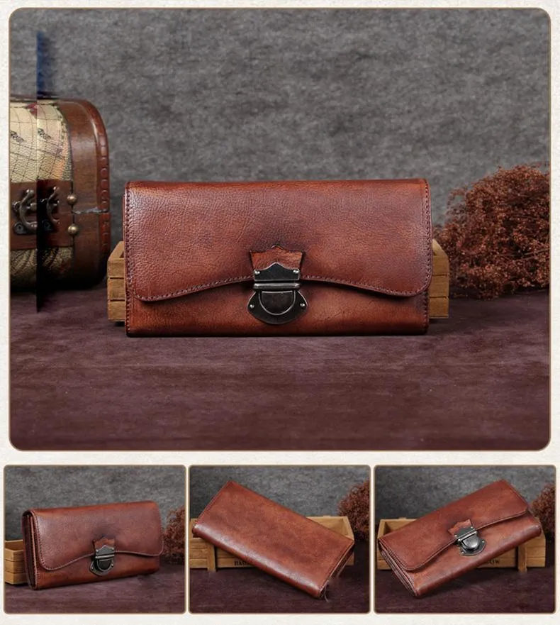 Green Vintage Ladies Leather Buckle Bifold Long Wallet Purple Phone Clutch Purses for Women
