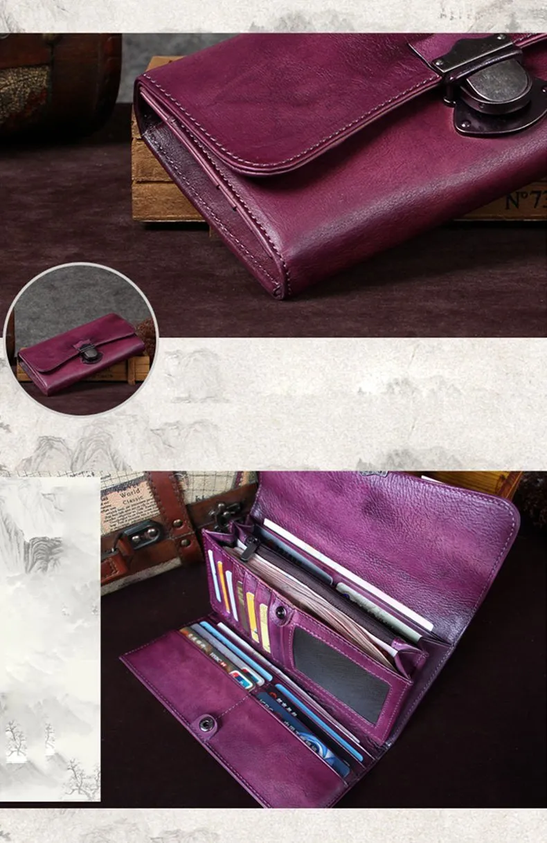 Green Vintage Ladies Leather Buckle Bifold Long Wallet Purple Phone Clutch Purses for Women