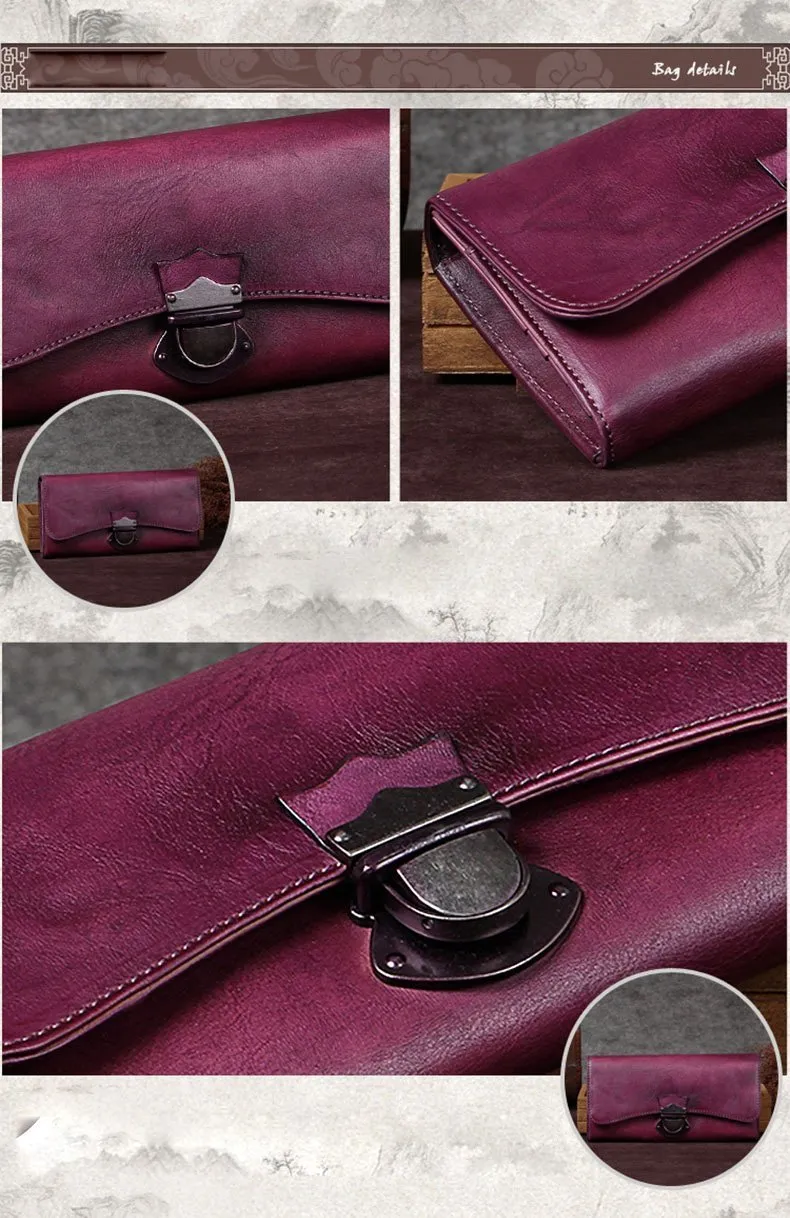 Green Vintage Ladies Leather Buckle Bifold Long Wallet Purple Phone Clutch Purses for Women