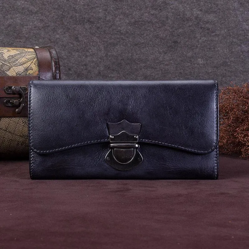 Green Vintage Ladies Leather Buckle Bifold Long Wallet Purple Phone Clutch Purses for Women