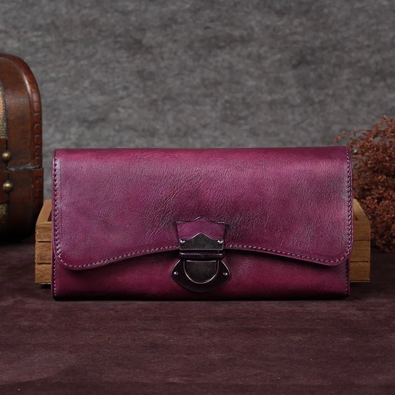 Green Vintage Ladies Leather Buckle Bifold Long Wallet Purple Phone Clutch Purses for Women