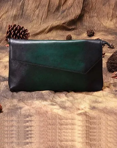 Green Vintage Leather Long Wallet Womens With Strap Red Folded Clutch Wallet Purse for Ladies