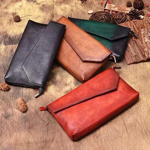 Green Vintage Leather Long Wallet Womens With Strap Red Folded Clutch Wallet Purse for Ladies