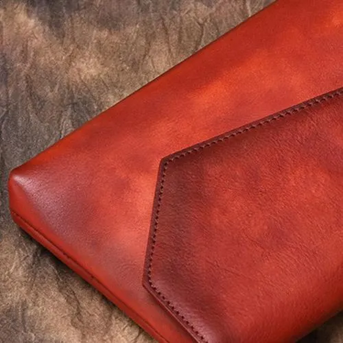 Green Vintage Leather Long Wallet Womens With Strap Red Folded Clutch Wallet Purse for Ladies