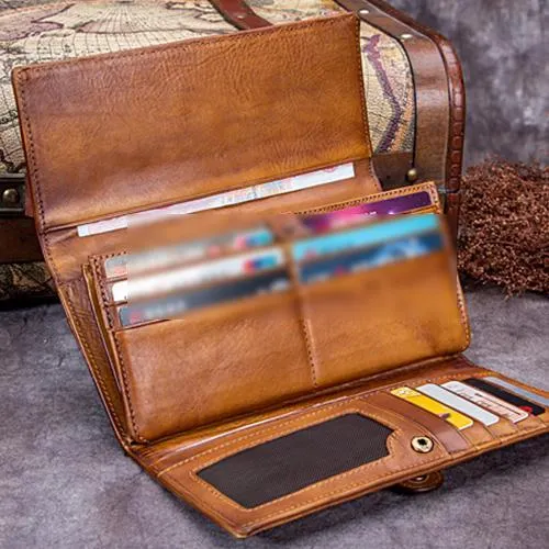 Green Vintage Womens Braided Leather Trifold Long Wallet Brown Phone Clutch Purse for Ladies
