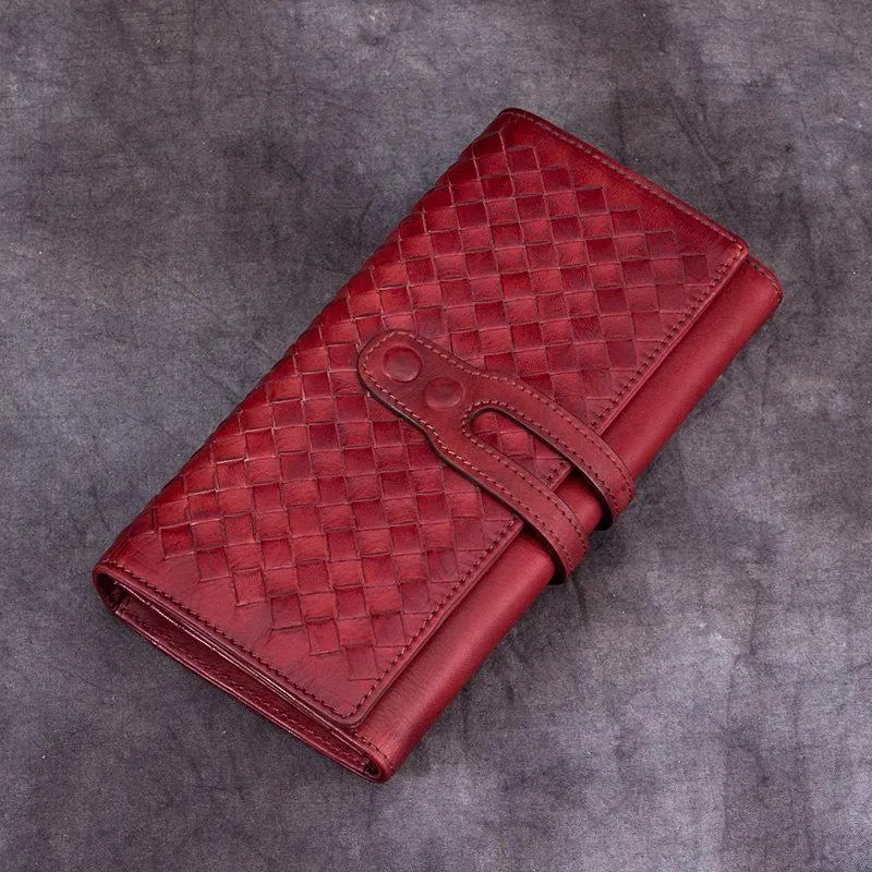 Green Vintage Womens Braided Leather Trifold Long Wallet Brown Phone Clutch Purse for Ladies